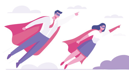 Two masked superheroes in flight against a vibrant pastel sky symbolizing adventure heroism and freedom in a stylized graphic design