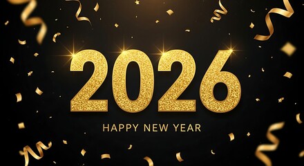Sparkling golden 2026 numbers with falling confetti and streamers on a dark background celebrating the upcoming new year with a festive and glamorous feel