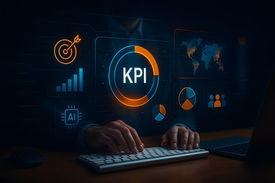 KPI analytics dashboard with business metrics and glowing pie charts