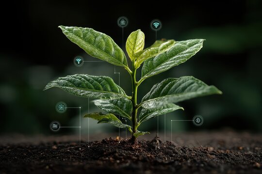 Smart technology meets nature: a green leaf growing amid holographic data interfaces and sustainability