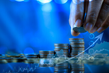 Stacked coins with a rising arrow symbolizing saving, investment growth, financial planning, and...