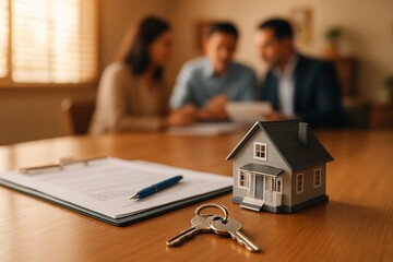 Real estate transaction concept with house model, keys, and contract documents on wooden table, symbolizing homeownership, mortgage signing, and property purchase.