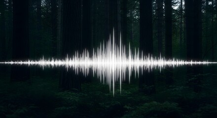 A digital sound wave visualization over a dark forest background illustrating the concept of audio or environmental sound analysis