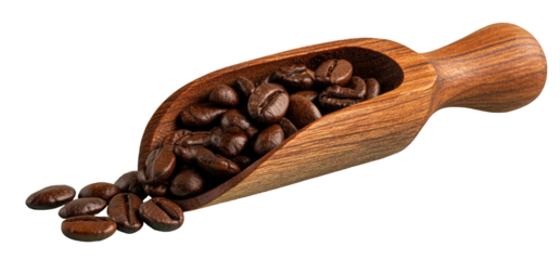 Wooden coffee scoop filled with roasted beans on transparent background