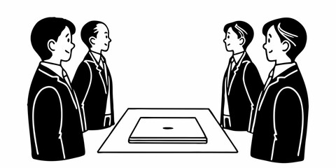 Illustration of a meeting with four business people standing around a square table in black and white