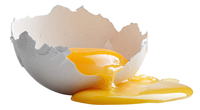 Broken eggshell with flowing yolk a delicious breakfast image on transparent background