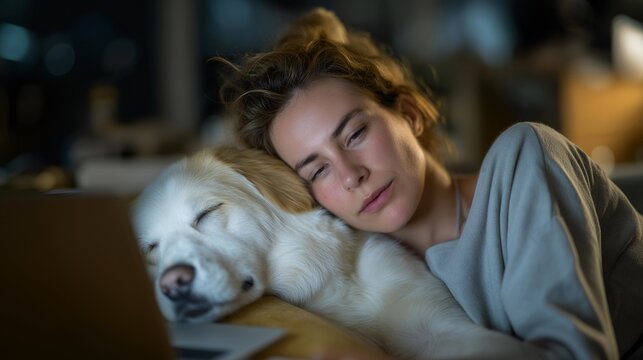 A remote worker finishing tasks in a cozy home office at night, soft ambient lighting, dog sleeping nearby, and notifications glowing on the laptop screen — authentic hybrid-work lifestyle showing