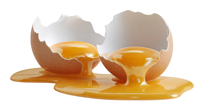Broken egg with dripping yolk a fresh breakfast element on transparent background