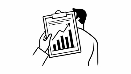 Person holding clipboard with a chart showing upward trend and bar graph data analysis report