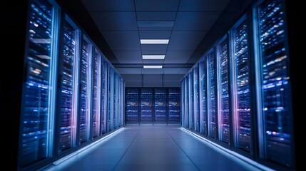 Wide-angle shot of LED server racks forming a neon corridor with cool ambient lighting — cinematic representation of digital architecture, AI processing power, and high-speed data operations.
