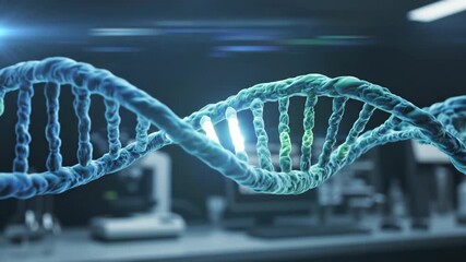 A 3d animation of a rotating DNA double helix. Genetic code analysis in a futuristic science laboratory. Biotechnology and medical research concept - Powered by Adobe