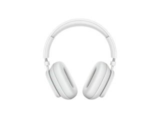 White wireless over ear headphones sleek modern design isolated studio shot on transparent background.