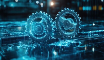 Abstract digital blue gears on a futuristic circuit board, symbolizing technology, engineering, and artificial intelligence innovation.