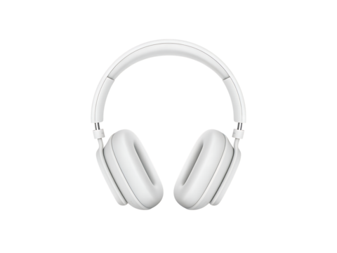 White wireless over ear headphones sleek modern design isolated studio shot on transparent background.