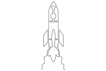 Single line art illustration of classic rocket ship isolated outline