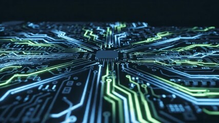 Glowing data streams on a futuristic computer circuit board. Close-up of a CPU processing information for an AI network. Technology animation - Powered by Adobe