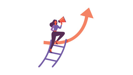 A determined woman clings to a uniquely curved ladder resembling the letter g symbolizing challenges ambition and the pursuit of goals in a dynamic visual