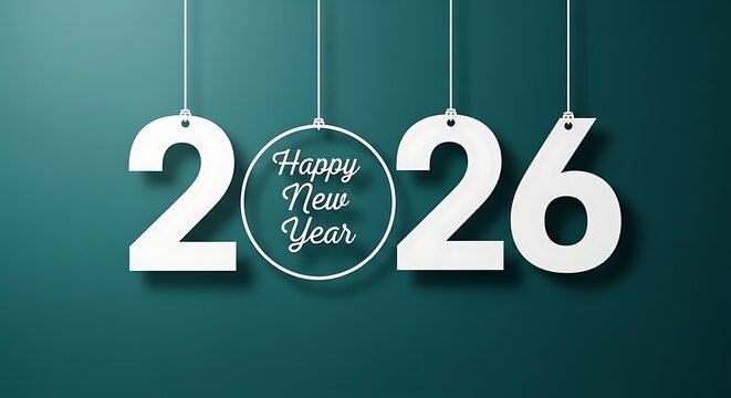 Elegant white numbers 2026 and a circular ornament with the text happy new year hanging on strings against a dark teal background symbolizing the upcoming celebration and festive season