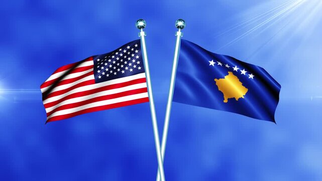 USA and Kosovo Flag Waving On Pole Loop - Powered by Adobe