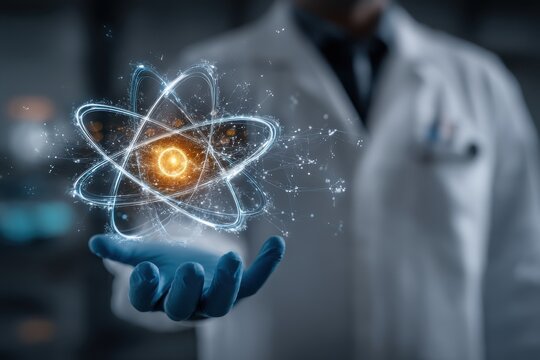 Scientist in a white lab coat holds a glowing atom model in a futuristic laboratory scene