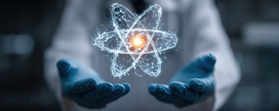Scientist in white lab coat and blue gloves holds floating atomic model, symbolizing science and innovation