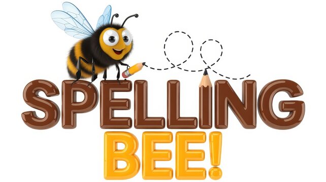 Cheerful 3d cartoon bee with pencils on 'spelling bee!' text