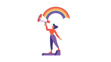 Empowering woman artist with a megaphone paints a vibrant rainbow symbolizing creativity communication and positive change