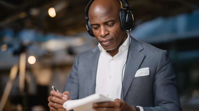 A focused interpreter listening intently through headphones at a diplomatic summit, hands moving quickly across notes as delegates speak — global diplomacy, cross-cultural understanding, and