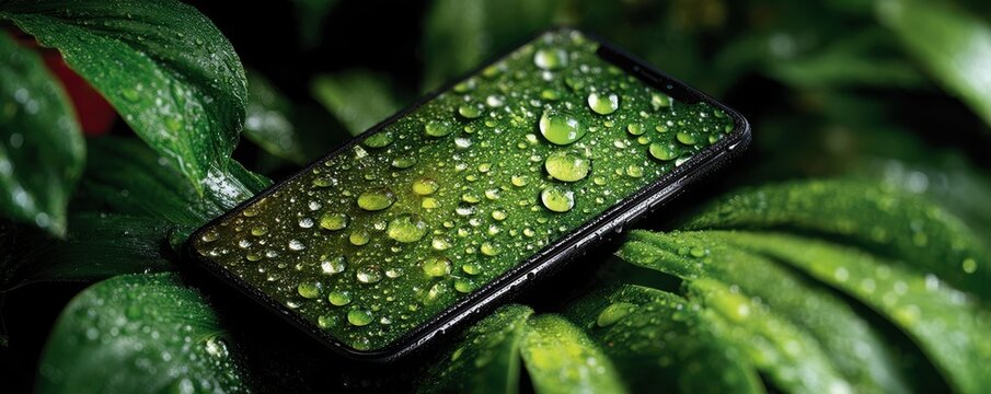 Close-up of a smartphone resting on lush green leaves with water droplets on the screen - Powered by Adobe