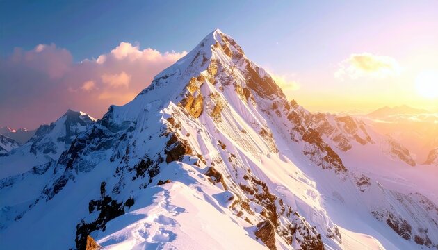 A breathtaking view of a snow-capped mountain range under a vibrant sunrise sky, showcasing rugged peaks and soft, colorful clouds.