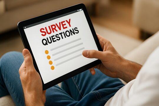 Online survey questions on tablet for customer feedback and insights
