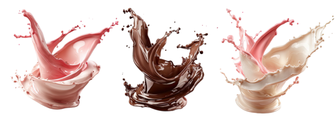 Three colorful liquid splashes, dynamic motion