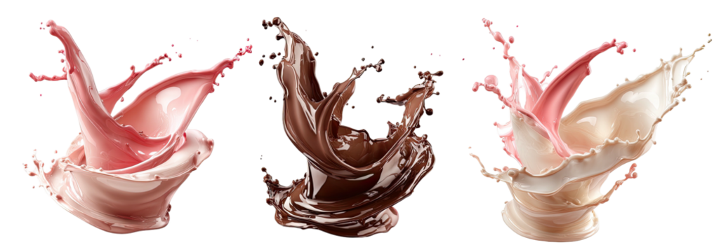 Three colorful liquid splashes, dynamic motion