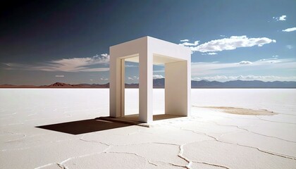 A stark white, minimalist architectural structure with an open doorway is situated on a vast, cracked white salt flat, with distant mountains under a dramatic s
