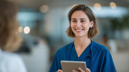 A friendly staff member in a healthcare clinic guiding a nervous patient through digital check-in on a tablet, speaking gently and reassuringly — compassionate medical support, patient-centered