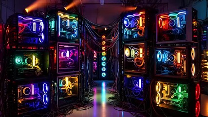 Powerful computer servers with vibrant RGB lighting in a dark data center, showcasing advanced technology and computing power. - Powered by Adobe