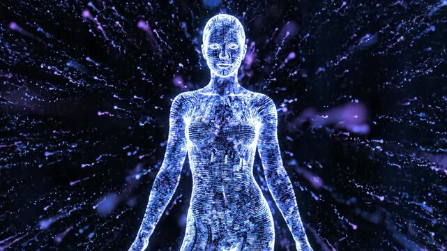 A digital female figure forms from glowing blue and purple particles. Creation of an artificial intelligence avatar. Futuristic sci-fi animation - Powered by Adobe