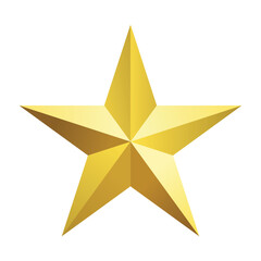A realistic, three-dimensional five-pointed star icon rendered in a bright, shiny gold gradient. The geometric shape features sharp edges and a metallic sheen, isolated centrally against a clean white
