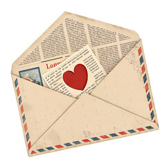 Vintage airmail envelope with a newspaper-style love letter and red heart. Concept of romance, nostalgia, communication. Ideal for Valentine's or retro designs.