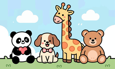 Obraz premium Cute cartoon animals sitting together, playful vector illustration, outdoors