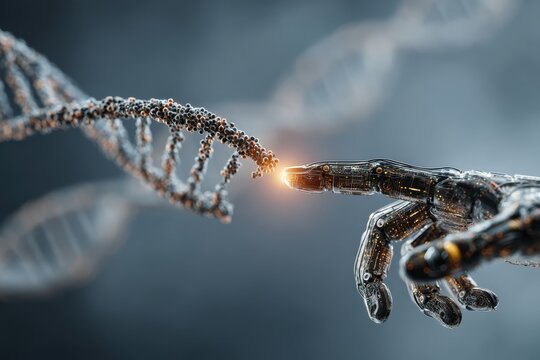 Robot hand touches human finger, signaling AI and biotech future in DNA science