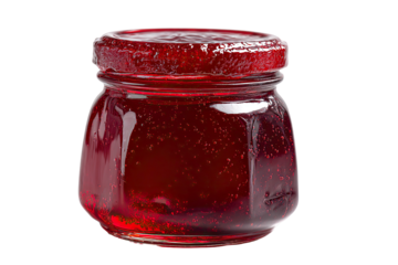 Small glass jar filled with sparkling red jelly