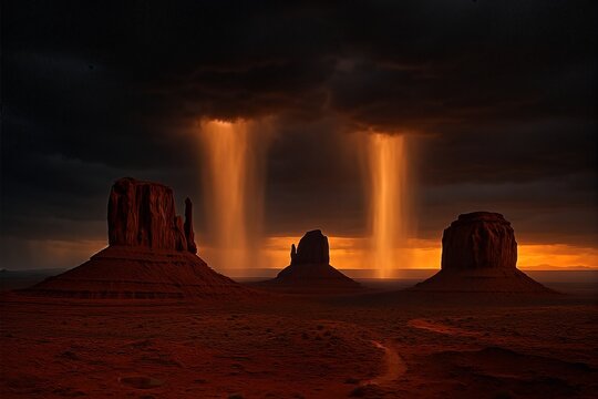 Twin lightning pillars striking a canyon at night