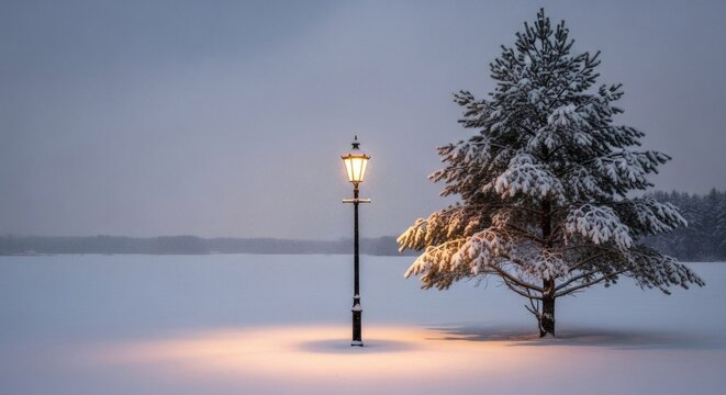 Single illuminated lamppost in snow field with pine tree. - Powered by Adobe