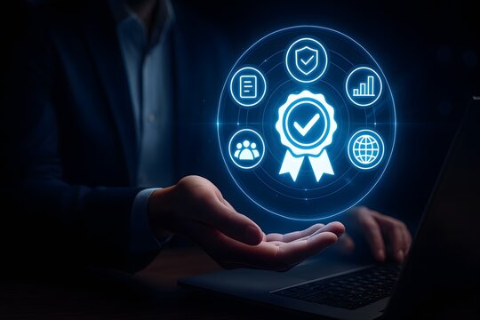 Quality assurance award badge with business metrics and global icons