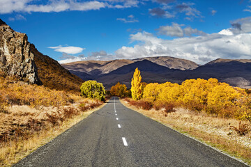 Autumn landscape with road and blue sky