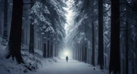 Naklejka premium Lone figure walking in misty snowy forest at night.