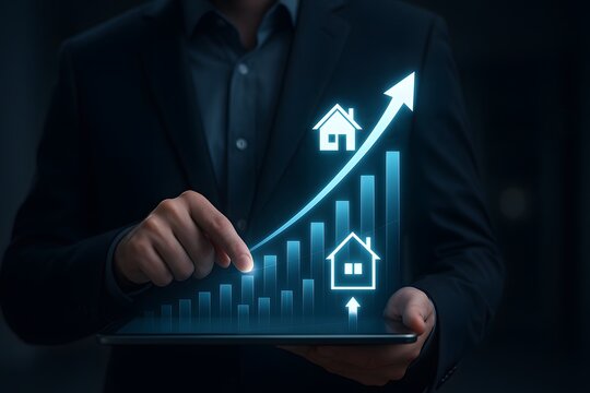 Real estate investment growth shown with houses and rising chart