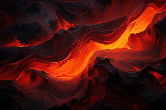 fiery orange and black lava flow with red flame. lava is flowing down mountain and flame is shooting out of top. image has sense of danger and destruction, as lava