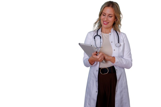 Female doctor wearing a lab coat and stethoscope, smiling while using a digital tablet. Transparent background